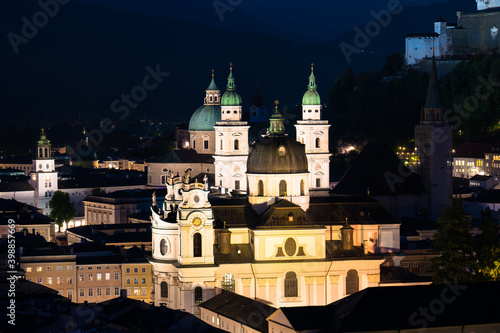 Salzburg Cathedral near Festung Hohensalzburg at night. Austria