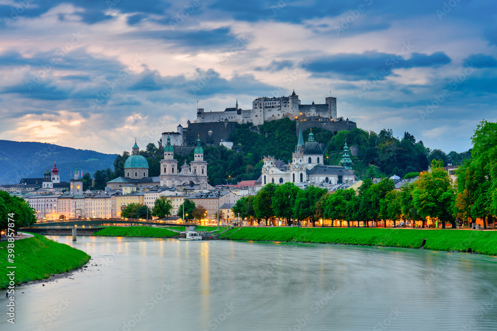 Salzburg skyline with Festung Hohensalzburg fortress at sunrise. Austria Salzburg skyline with Festung Hohensalzburg fortress at sunrise. Austria