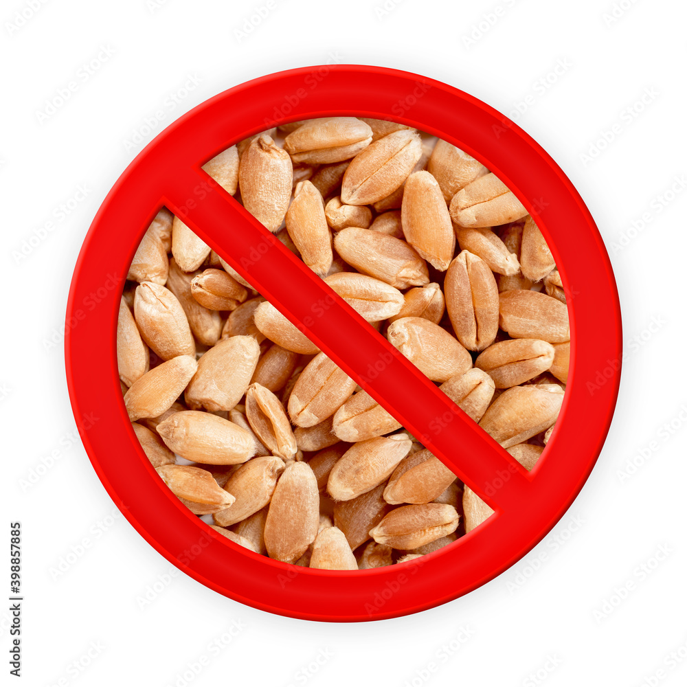 Zero or no wheat icon or don't use wheat badge. Red circular stop sign with real whole wheat kernels inside. Gluten free symbol or GF icon. Isolated on white. Zero or no wheat icon or don't use wheat badge. Red circular stop sign with real whole wheat kernels inside. Gluten free symbol or GF icon. Isolated on white.