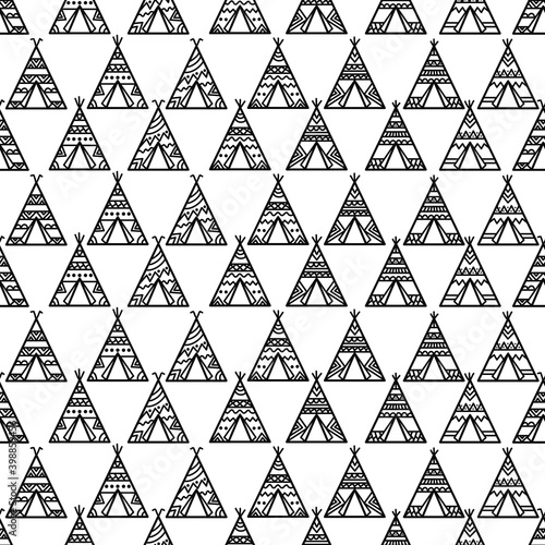 Seamless pattern with wigwams. Black and white nursery background. 