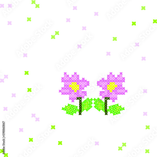 Pink flowers design cross stitch style, white background