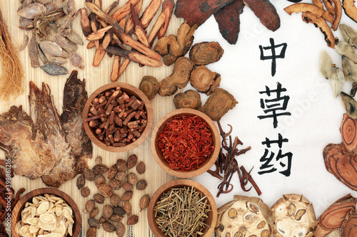 Fototapeta Naklejka Na Ścianę i Meble -  Traditional Chinese herbal medicine with herbs & calligraphy script on rice paper & bamboo. Holistic health care concept. Flat lay, top view. Translation reads as Chinese healing herbs.