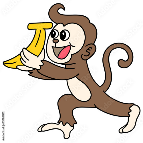 monkey carrying banana fruit doodle kawaii. doodle icon image photo