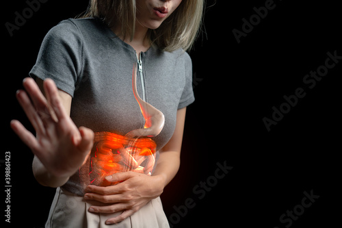Cuadro en lienzo Abdominal pain woman, photo of large intestine on woman body, stomachache diarrhea symptom, menstrual period cramp or food poisoning