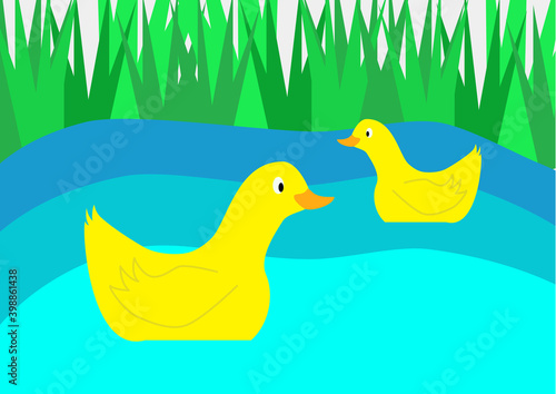 Yellow ducks on blue pond with reeds in the background. Waterfowl. The pond. Weed. Vector. Children's illustration, drawing.