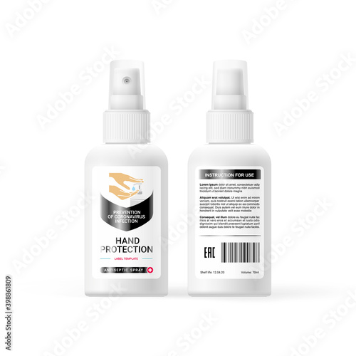 Antiseptic sprey mock-up, label design with hand sanitizer symbols and graphics
