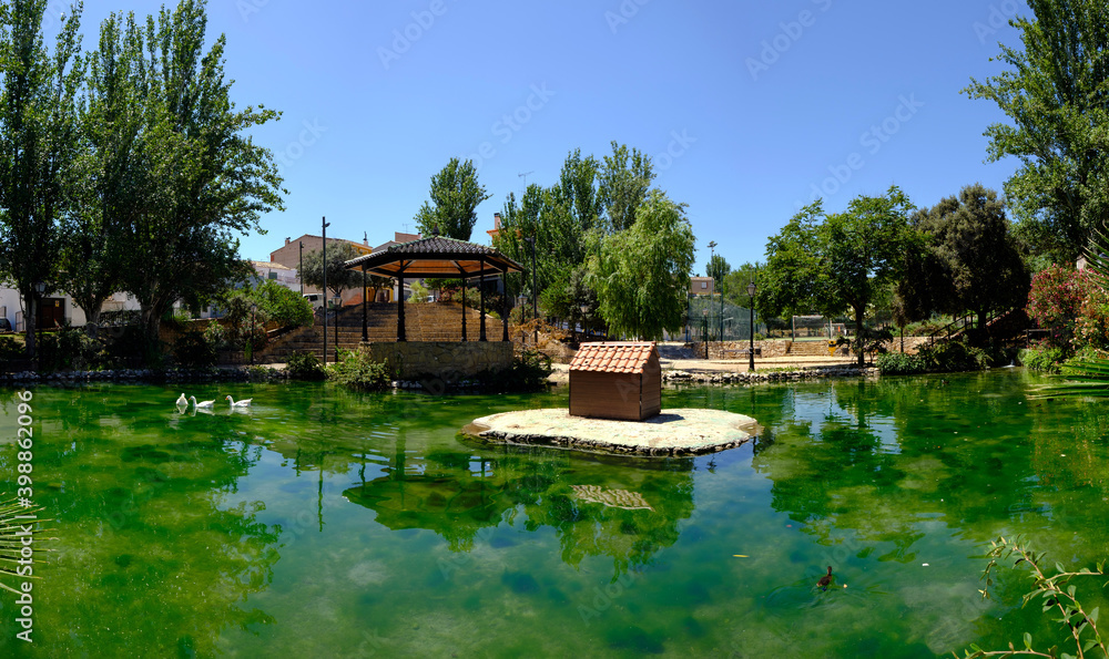 Ayora park main town square with lake, Valencia Spain