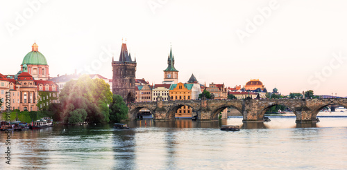 Charles Bridge in Prague. Cityscape at sunset. Czechia (Czech Republic).