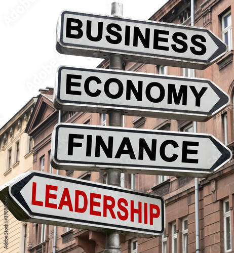 The road indicator on the arrows of which is written - business, economics, finance and LEADERSHIP