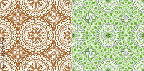 Two ethnic tight vector pattern. Brown and green mandalas