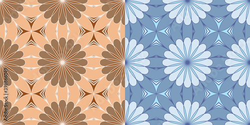 Two ethnic tight vector pattern. Brown and blue mandalas.