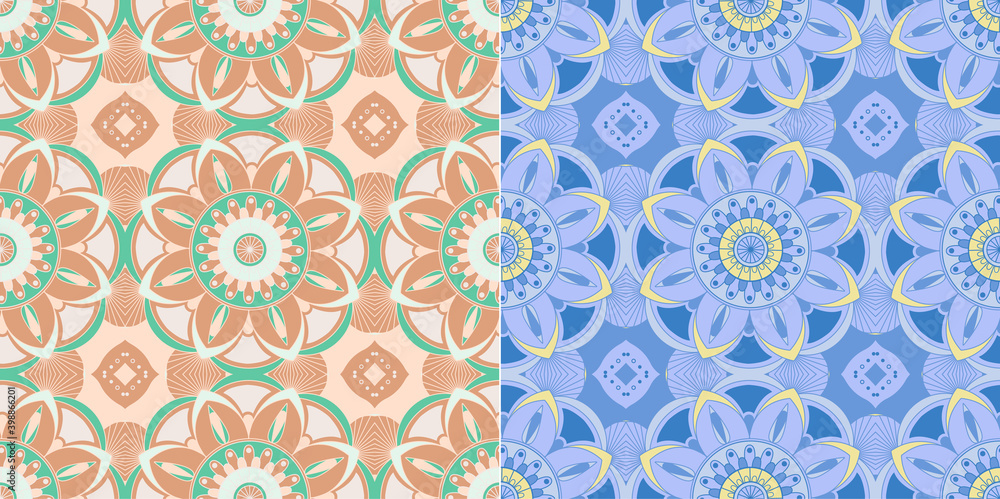 Two ethnic tight vector pattern. Brown and blue mandalas Two ethnic tight vector pattern. Brown and blue mandalas