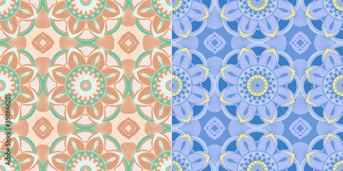 Two ethnic tight vector pattern. Brown and blue mandalas