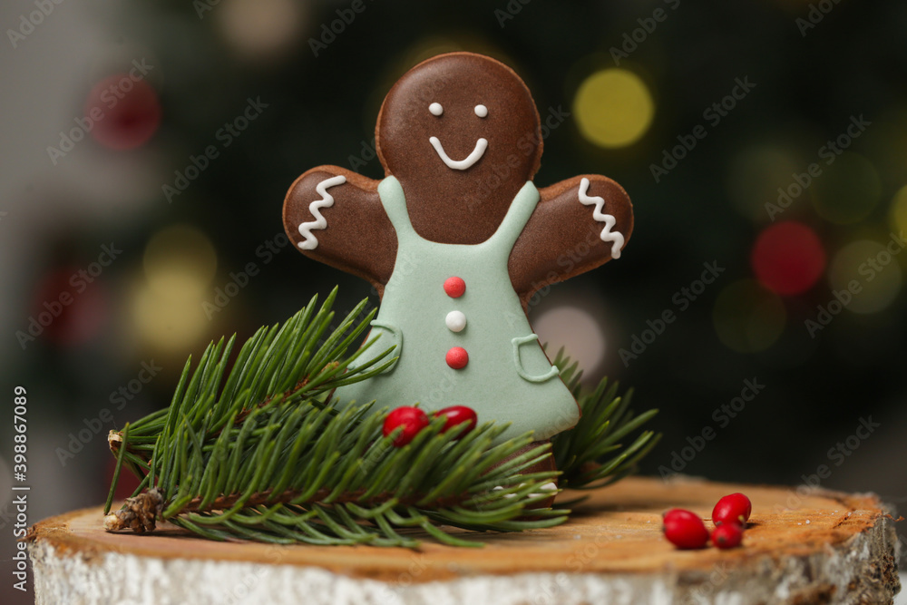 Gingerbread man cookie in festive Christmas arrangement with bokeh lights in background.