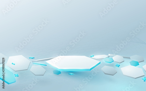 3D white and blue hexagons podium display with Technology futuristic medical healthcare and science concept. Vector Illustration