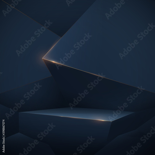Abstract 3D dark blue low poly podium display and Luxury gold lines sparkle. Vector Illustration