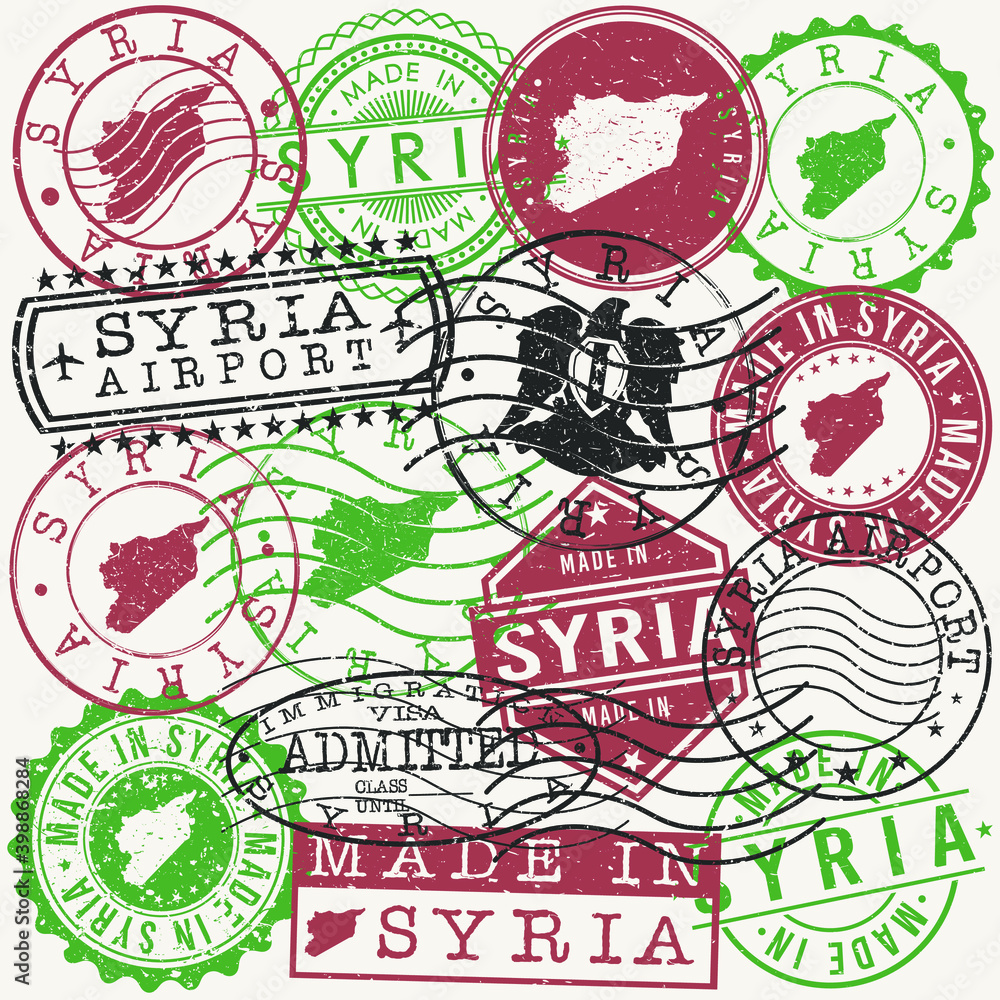 Syria Set of Stamps. Travel Passport Stamp. Made In Product. Design Seals Old Style Insignia. Icon Clip Art Vector.