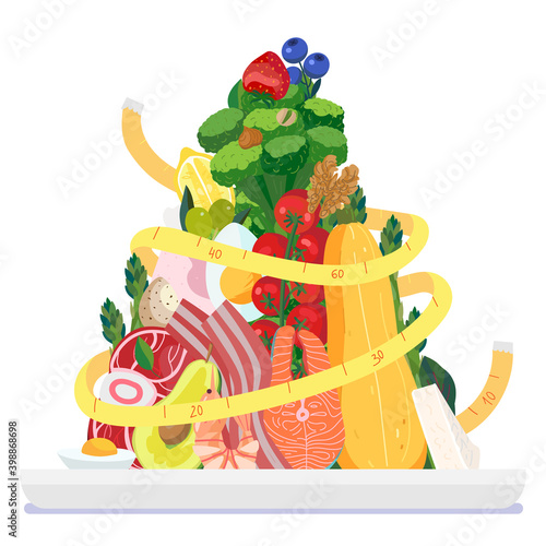 Healthy nutrition food. Keto food pyramide concept with weight measuring tape. Keto diet healthy concept with ketogenic foods pyramid 