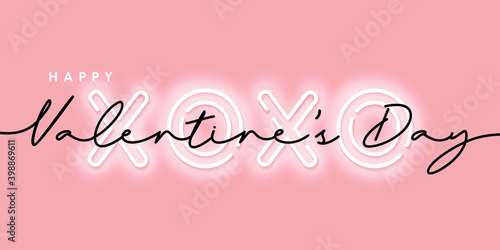 Happy Valentines Day. Modern design with calligraphy and neon lighting text XoXo on pink background. Vector illustration for greeting card, banner, poster or flyer design, social media and fashion ads