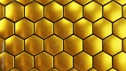 Abstract 3D geometric background, gold hexagons metallic shapes stacks, render technology illustration.