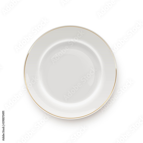 White plate with gold border for dishes. Top view of empty clean kitchen plate vector illustration. Round realistic simple tableware object on white background. Dinner or breakfast