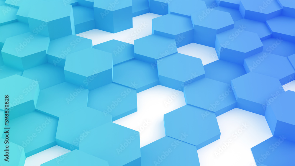 Abstract geometric background 3D blue hexagons, render technology illustration.