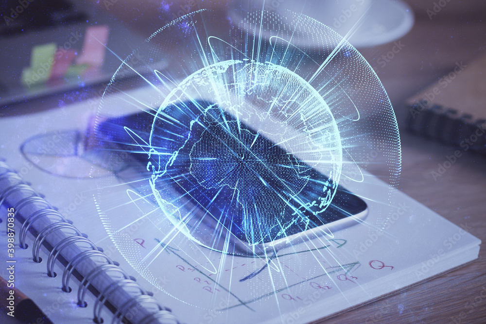 Double exposure of financial theme drawing and cell phone background. Concept of business Double exposure of financial theme drawing and cell phone background. Concept of business