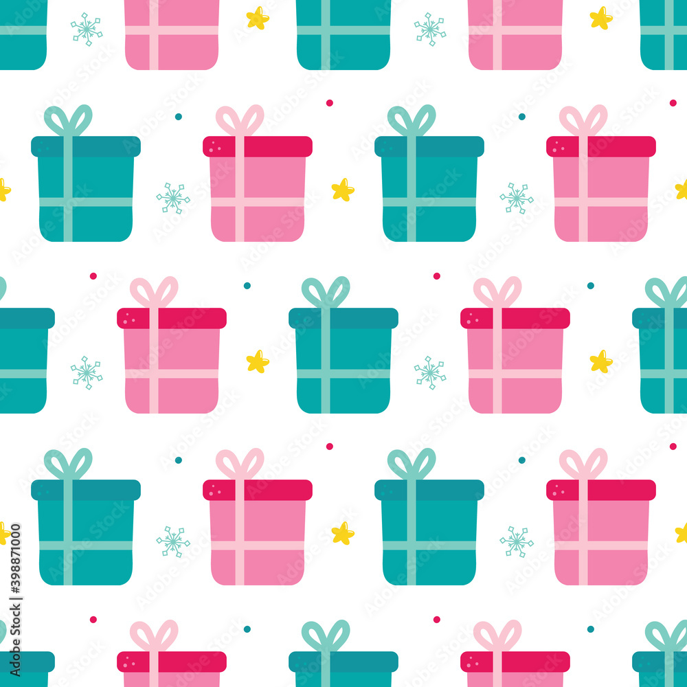 Cute cartoon style gift boxes, gifts, present packages with confetti, stars and snowflakes vector seamless pattern background for winter holidays design.
Cute cartoon style gift boxes, gifts, present packages with confetti, stars and snowflakes vector seamless pattern background for winter holidays design.