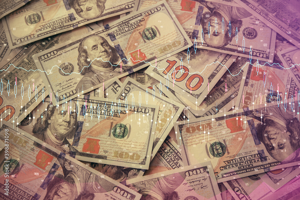 Multi exposure of forex chart drawing over us dollars bill background. Concept of financial success markets. Multi exposure of forex chart drawing over us dollars bill background. Concept of financial success markets.