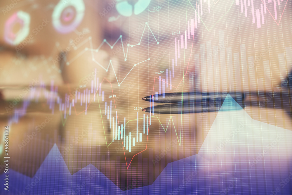Double exposure of forex chart over coffee cup background in office. Concept of financial analysis and success. Double exposure of forex chart over coffee cup background in office. Concept of financial analysis and success.