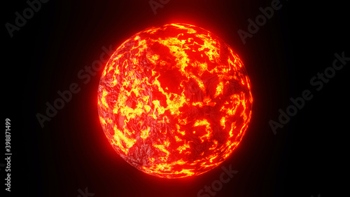 Fiery planet with rivers of hot fiery lava, 3D render illustration.