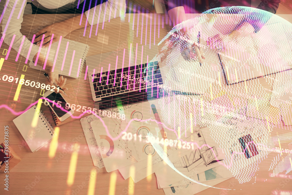 Double exposure of woman hands working on computer and forex graph hologram drawing. Top View. Financial analysis concept. Double exposure of woman hands working on computer and forex graph hologram drawing. Top View. Financial analysis concept.