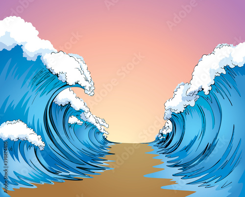 The sea was divided in two. Vector drawing