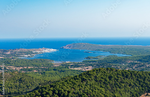 Aerial view on Menorca north coast and Fornells from summit of Monte Toro - Es Mercadal, Menorca, Balearic Islands, Spain