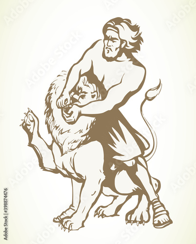 Samson fights a lion. Vector drawing