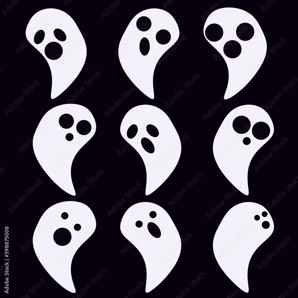 Ghost illustration set cartoon style. Simple game icons Halloween ghost stamps. Ghost illustration set cartoon style. Simple game icons Halloween ghost stamps.