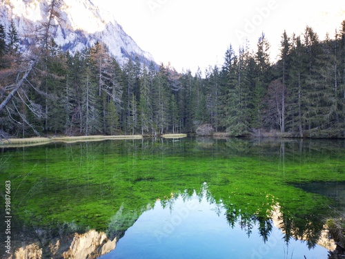 Grüner See Tragöß mit beeindruckender Spiegelung im Abendlicht photo