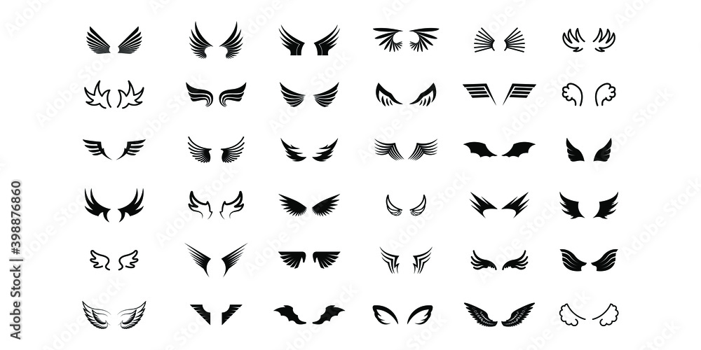 Set Black Line Flat Collection Wings Vector Icon Feather Design Style Decoration Cartoon