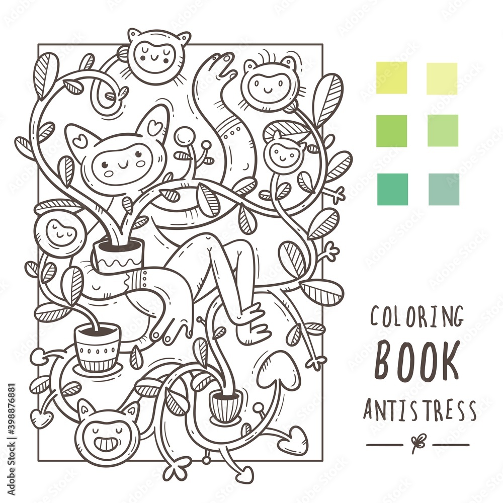 Coloring book antistress with funny cute cartoon creatures. Doodle print with monster and trolls. Line art poster.