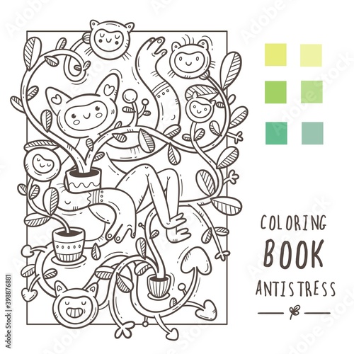 Coloring book antistress with funny cute cartoon creatures. Doodle print with monster and trolls. Line art poster.