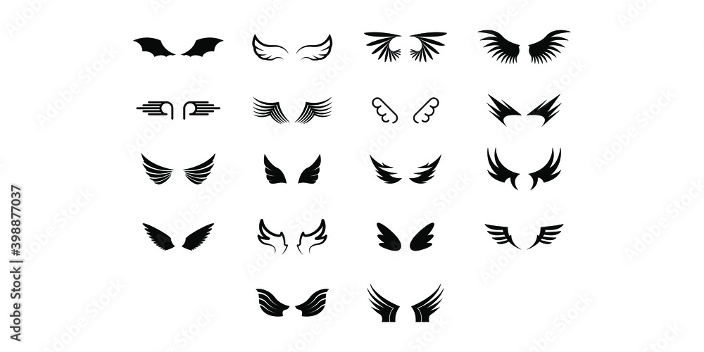 Set Black Line Flat Collection Wings Vector Icon Feather Design Style Decoration Cartoon Set Black Line Flat Collection Wings Vector Icon Feather Design Style Decoration Cartoon