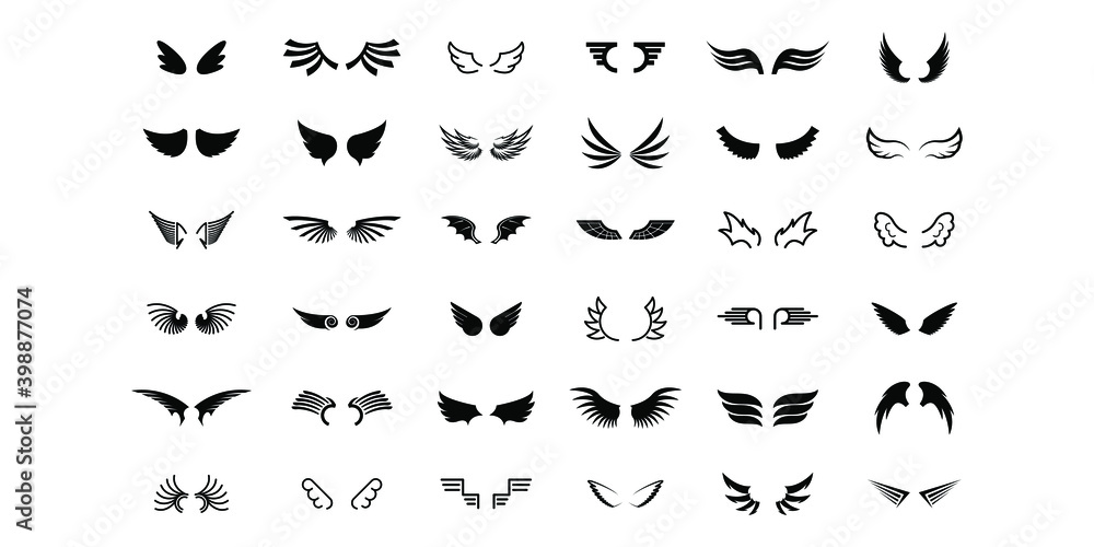 Set Black Line Flat Collection Wings Vector Icon Feather Design Style Decoration Cartoon Set Black Line Flat Collection Wings Vector Icon Feather Design Style Decoration Cartoon