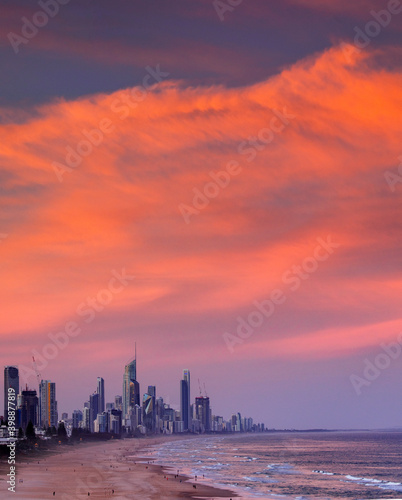 Colourful sunset sky  view from Miami hill lookout with Surfers Paradise Gold Coast cityscape in the horizon