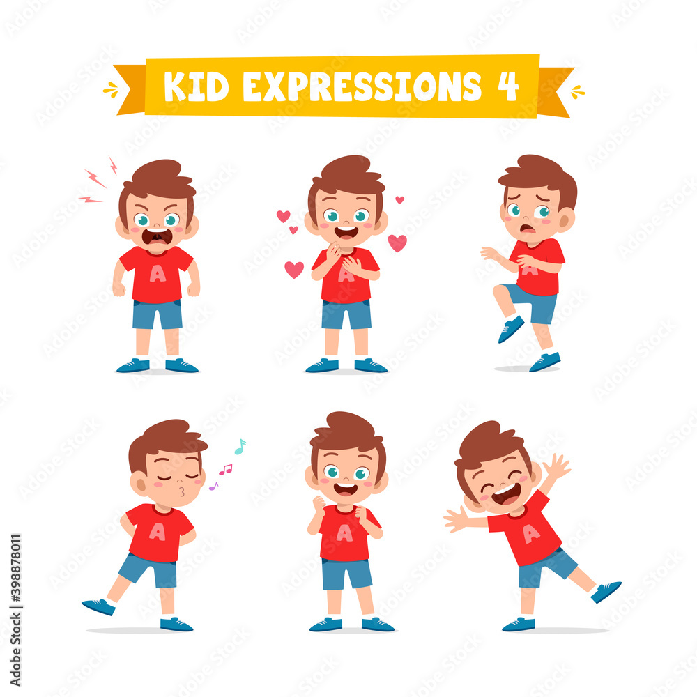 cute little kid boy in various expressions and gesture set cute little kid boy in various expressions and gesture set