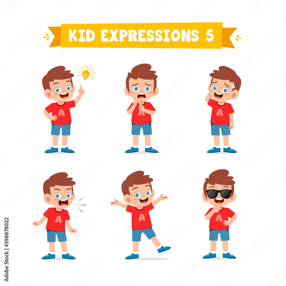 cute little kid boy in various expressions and gesture set cute little kid boy in various expressions and gesture set