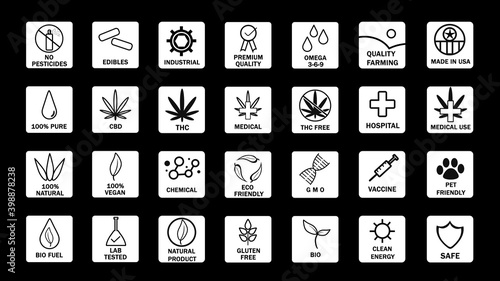 Set of Black CBD oil icons. New popular icon set. THC free, no gmo, bio, vegan, premium quality, lab tested, omega 3-6-9, pure, natural, no pesticides, organic, eco, gluten free. Clean safe zone icon 