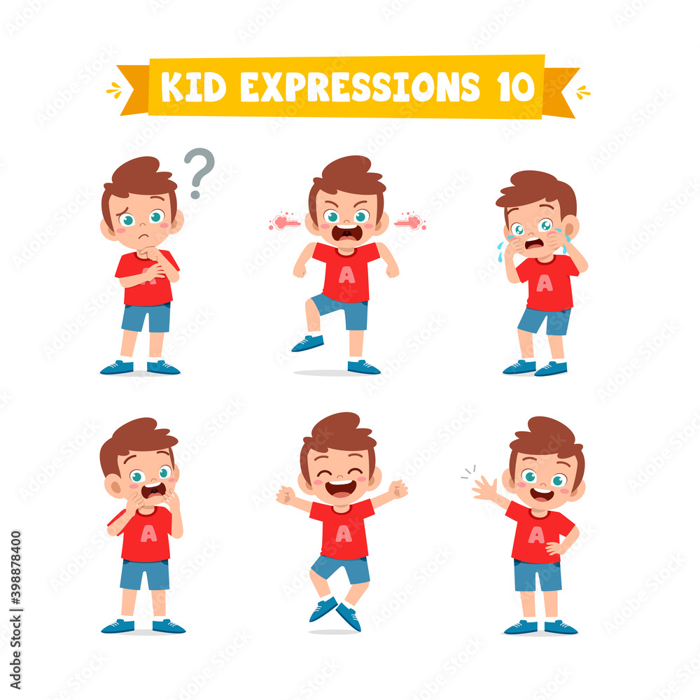 cute little kid boy in various expressions and gesture set