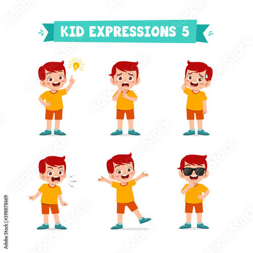cute little kid boy in various expressions and gesture set