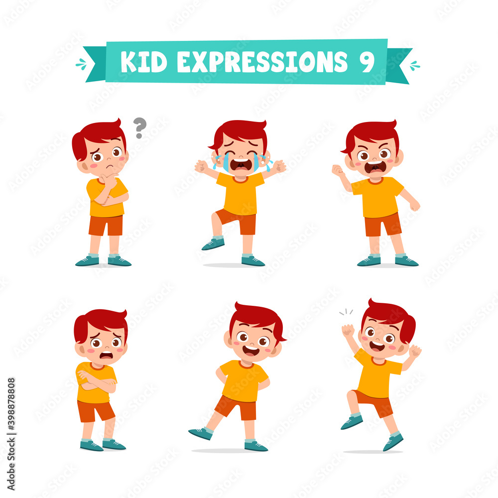 cute little kid boy in various expressions and gesture set cute little kid boy in various expressions and gesture set