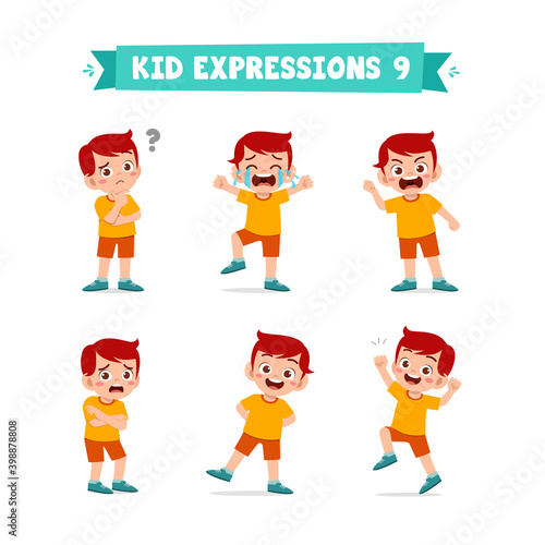 cute little kid boy in various expressions and gesture set